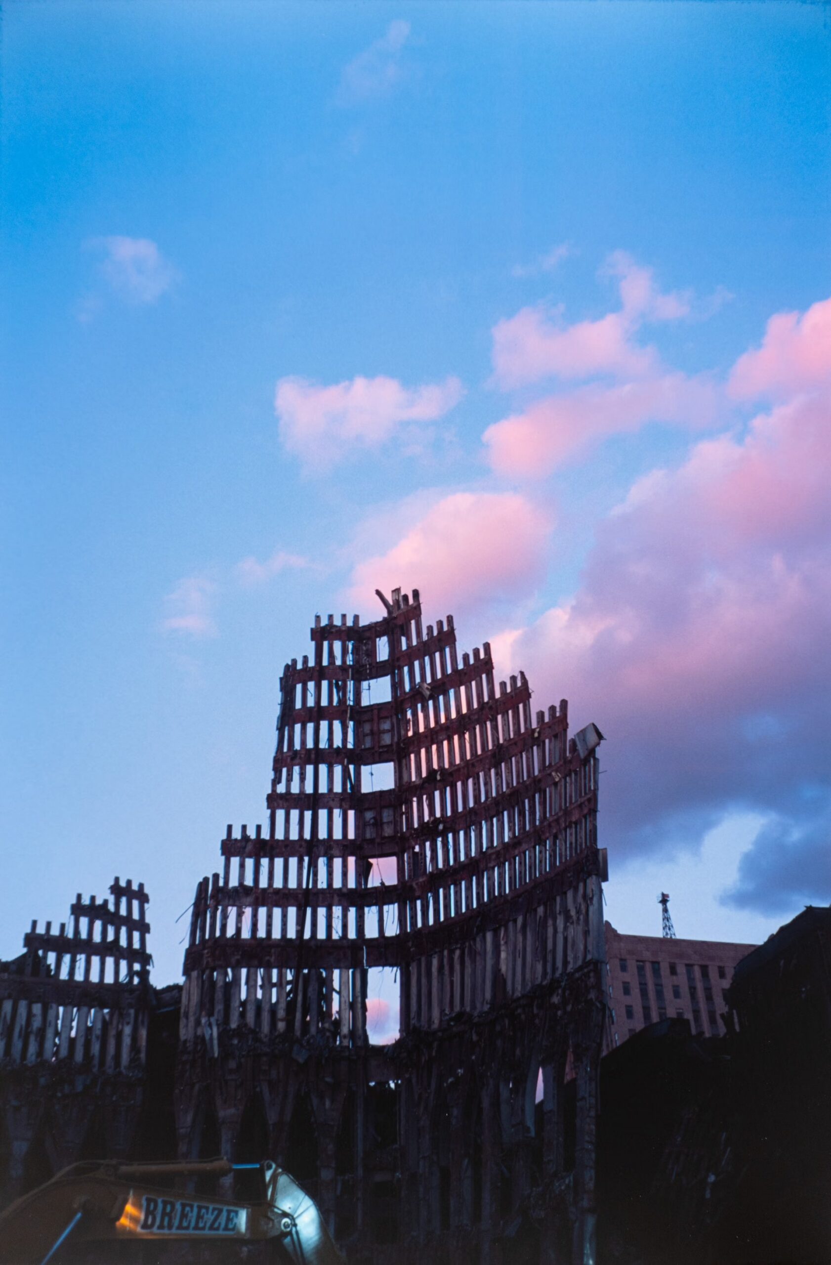 A surviving section of the World Trade Center facade at dusk